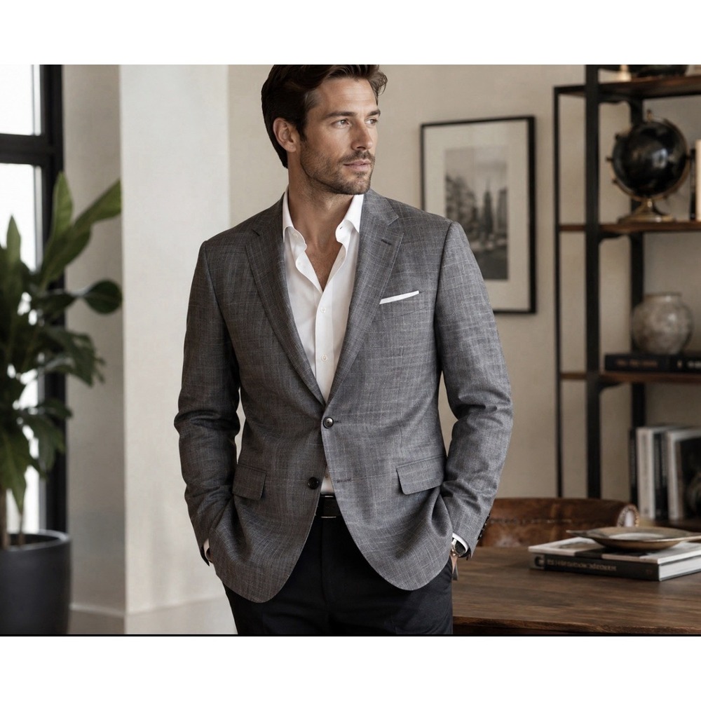 Indochino Luxury Men's 44R Gray Plaid Blazer 95% Wool 5% Cashmere Suit Jacket